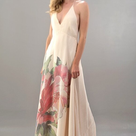 Aakaa Dresses & Skirts - Floral Halter Maxi Dress in Cream and Pink
